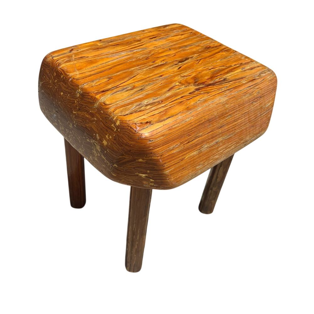 Rustic Wood Block Stool Handcrafted Gorgeous Inscrpition 11x12x13"